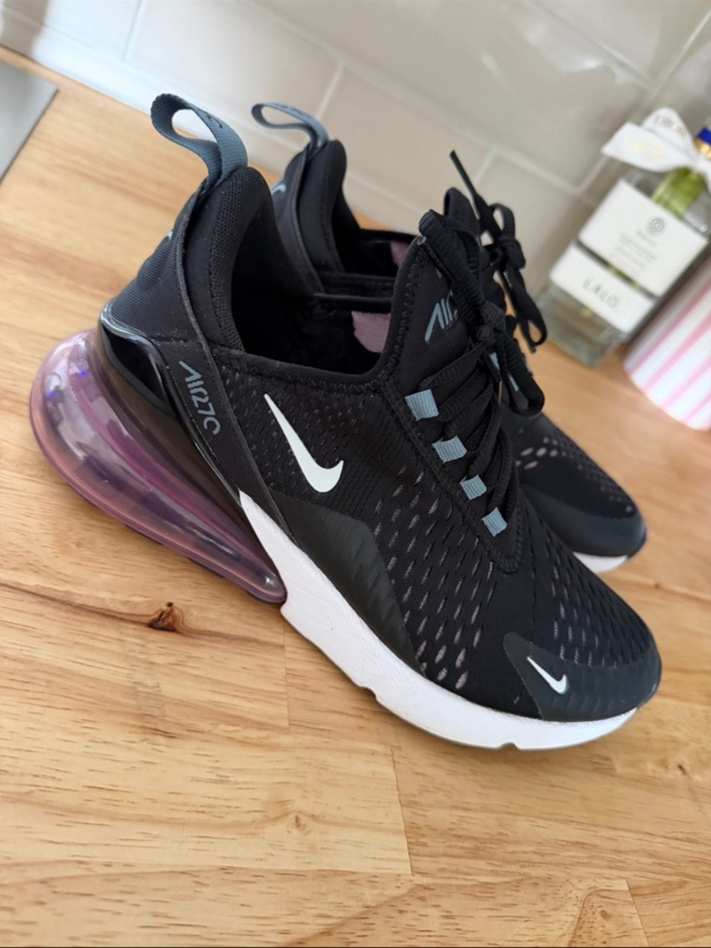 Nike Air Max 270 Black with Purple Air Unit and White Swoosh